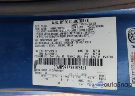 2009 Ford Fusion Se z USA, uszkodzony, nr VIN 3FAHP07Z79R102451